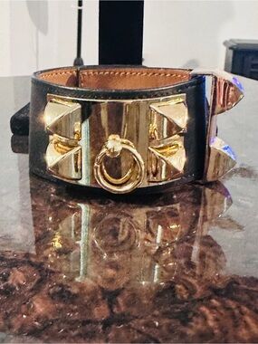 Black Leather Bracelet with Gold Ring and Pyramid Studs
